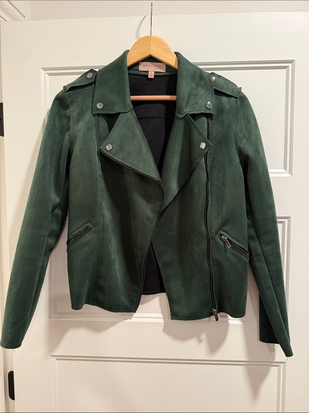 Philosophy Forest Green Suede Moto Jacket